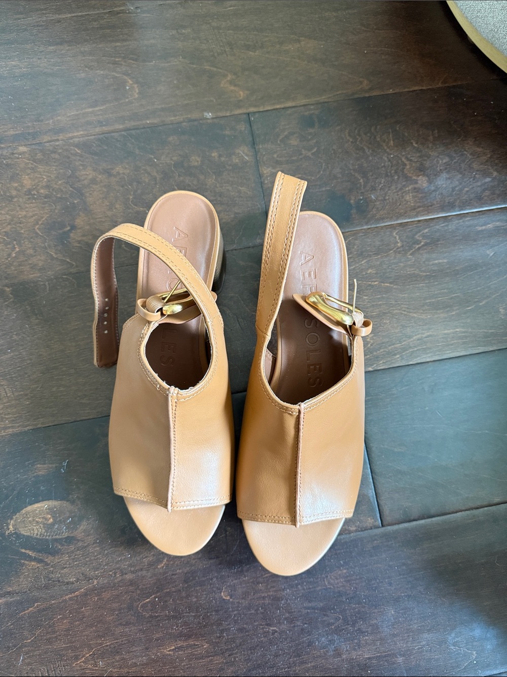 AEROSOLES Cognac Tan Leather Slingback Sandals with Gold-Tone Accent